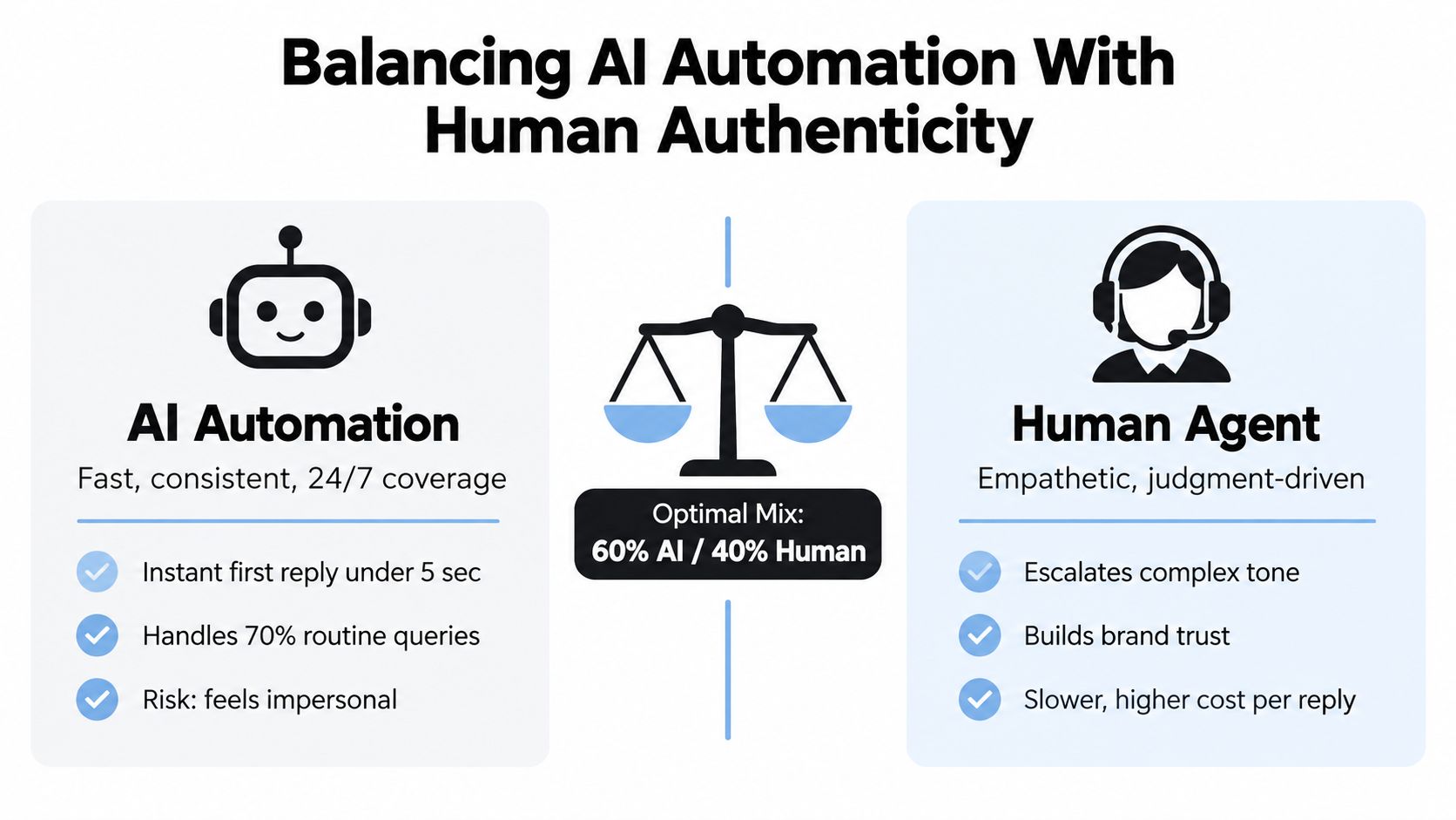 A diagram comparing the balance between AI automation and human agents in customer service interactions.