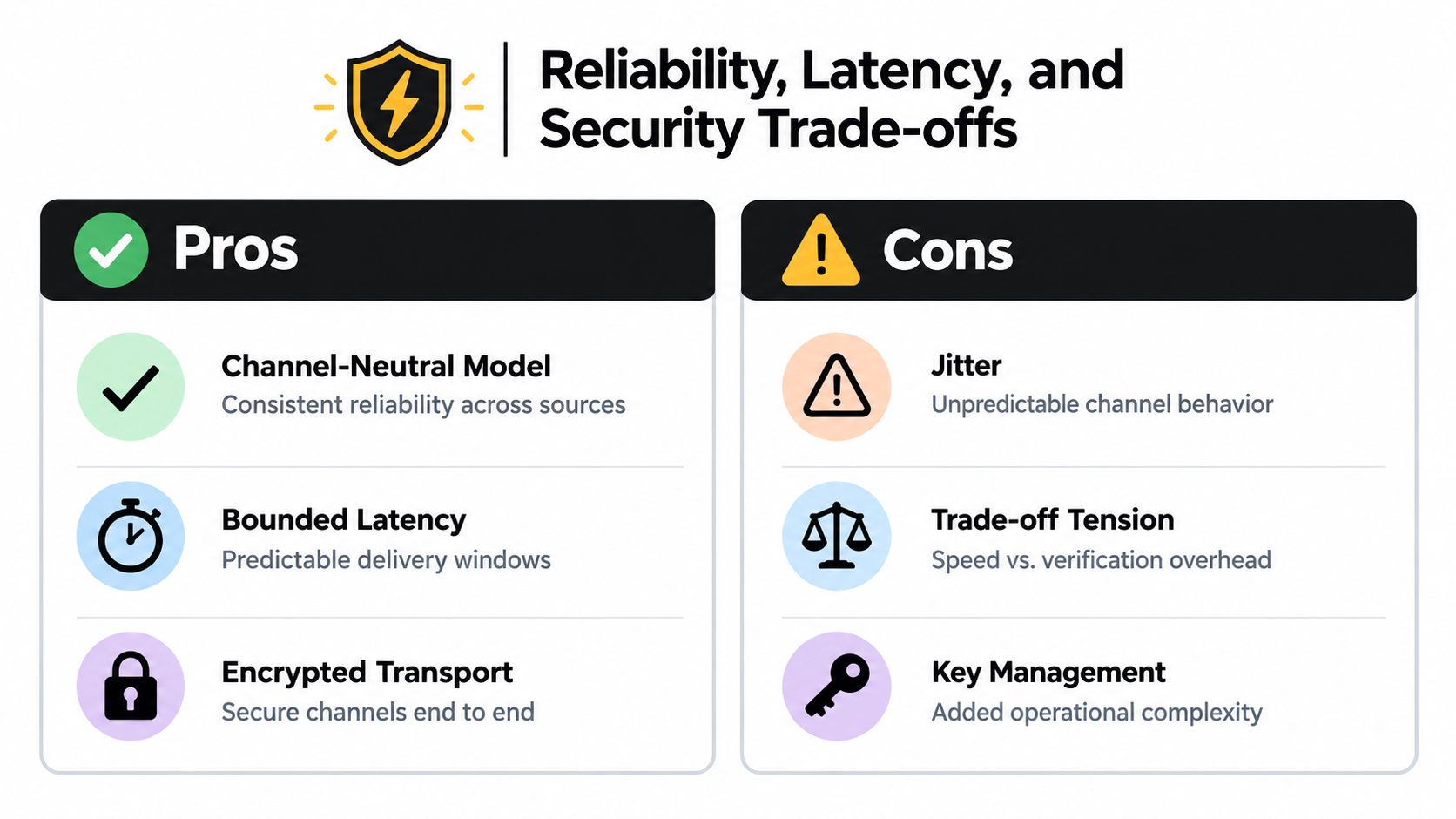 An infographic comparing the pros and cons of reliability, latency, and security trade-offs in data systems.