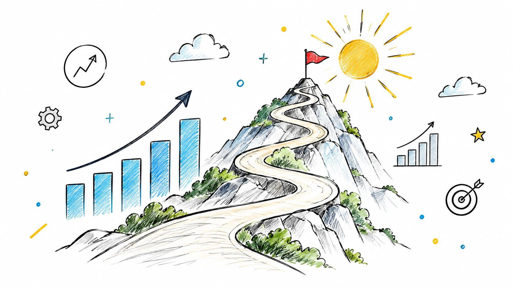 A conceptual sketch showing a winding road leading up a mountain toward a goal flag at the peak.