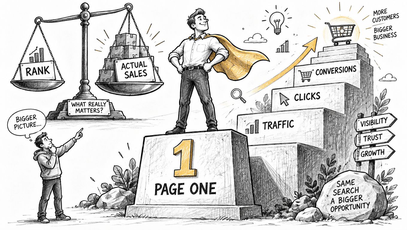 A person standing on a 'Page One' pedestal illustrating the connection between search ranking and sales growth.