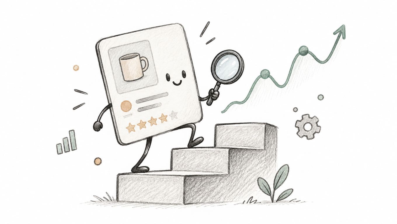 A happy anthropomorphic product review card climbing stairs with a magnifying glass towards an upward trend chart.