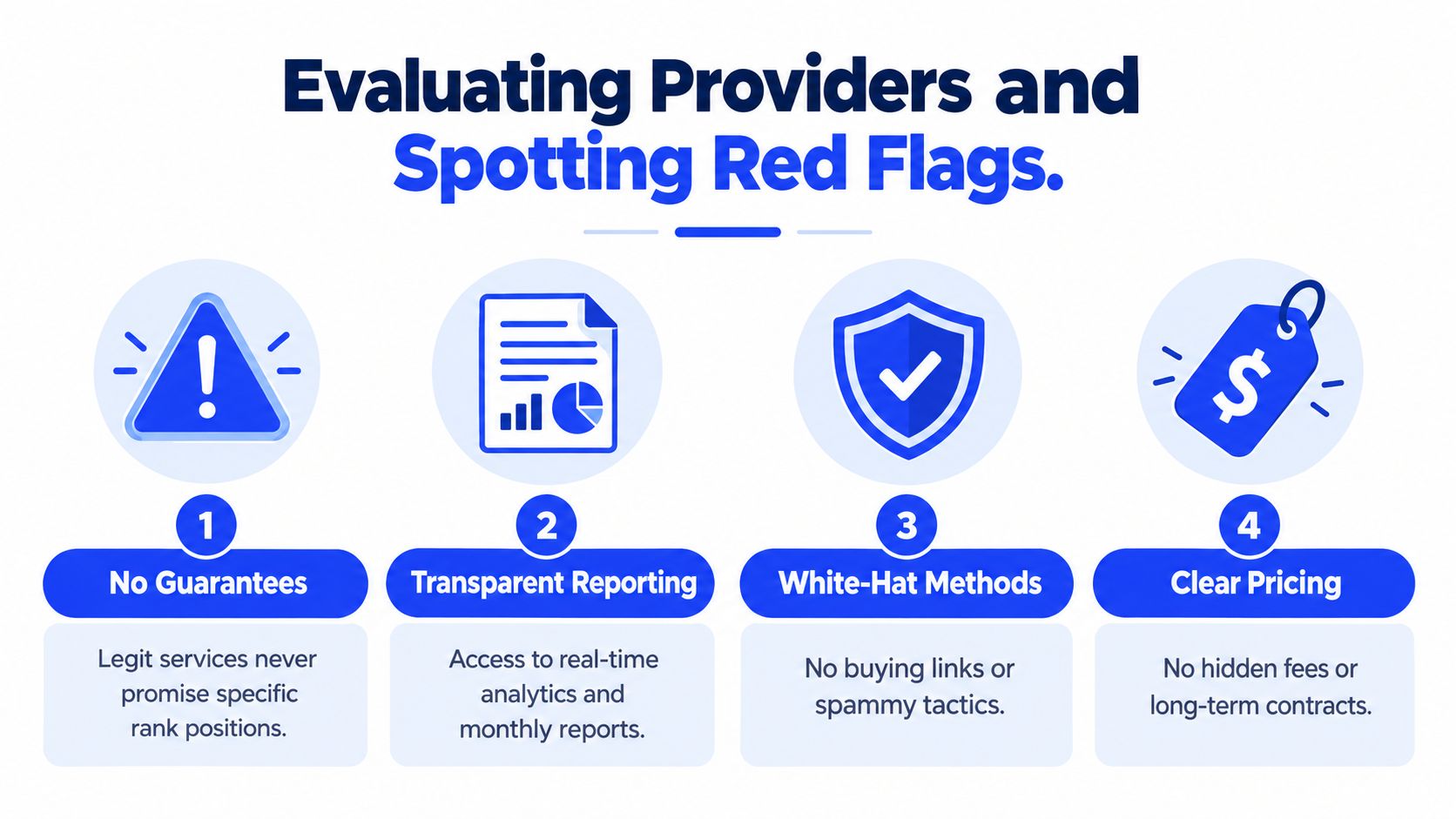 An infographic showing four essential criteria for selecting a reliable and ethical SEO service provider.