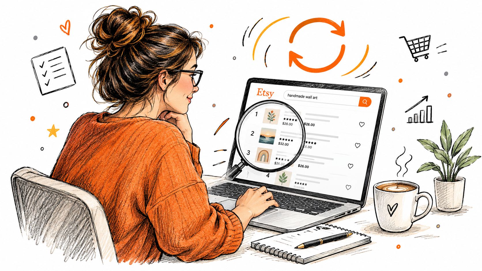 A woman using a laptop to view Etsy search rankings for handmade wall art with a magnifying glass.