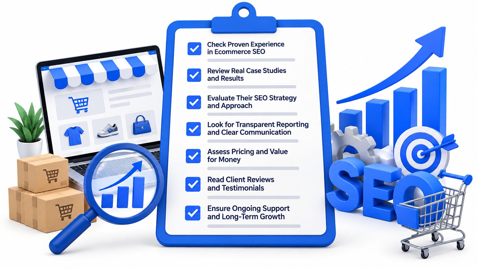 A checklist for choosing an ecommerce SEO service presented on a clipboard next to a laptop and growth chart.
