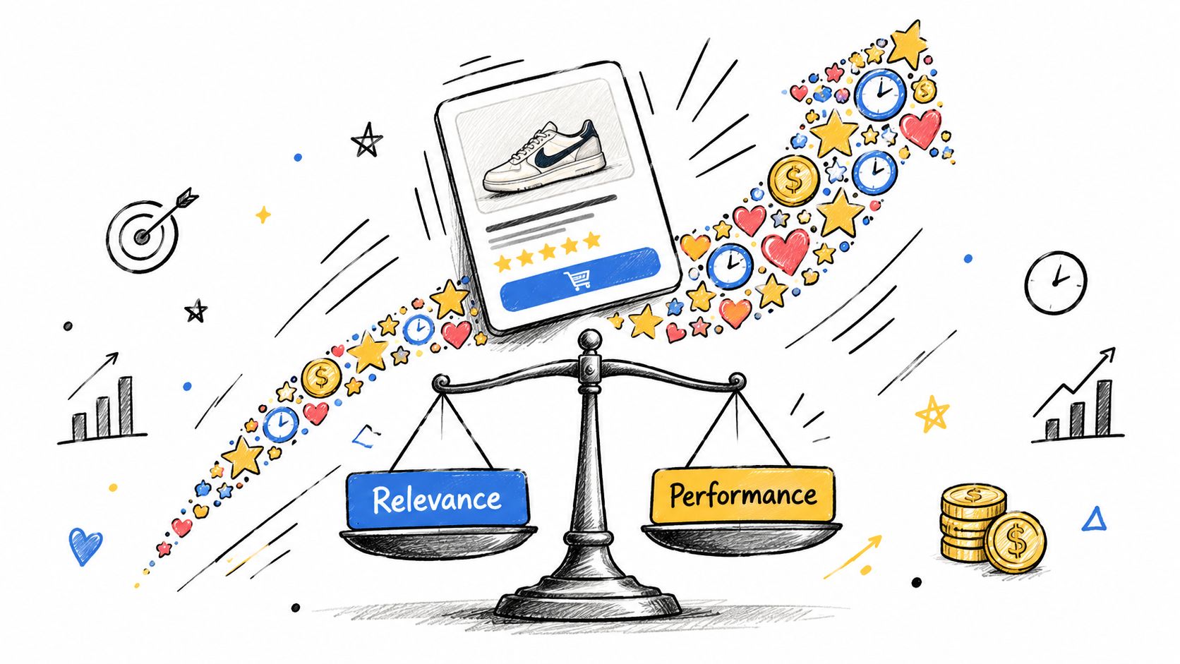 A hand-drawn illustration showing a balance scale weighing relevance and performance for an e-commerce product.