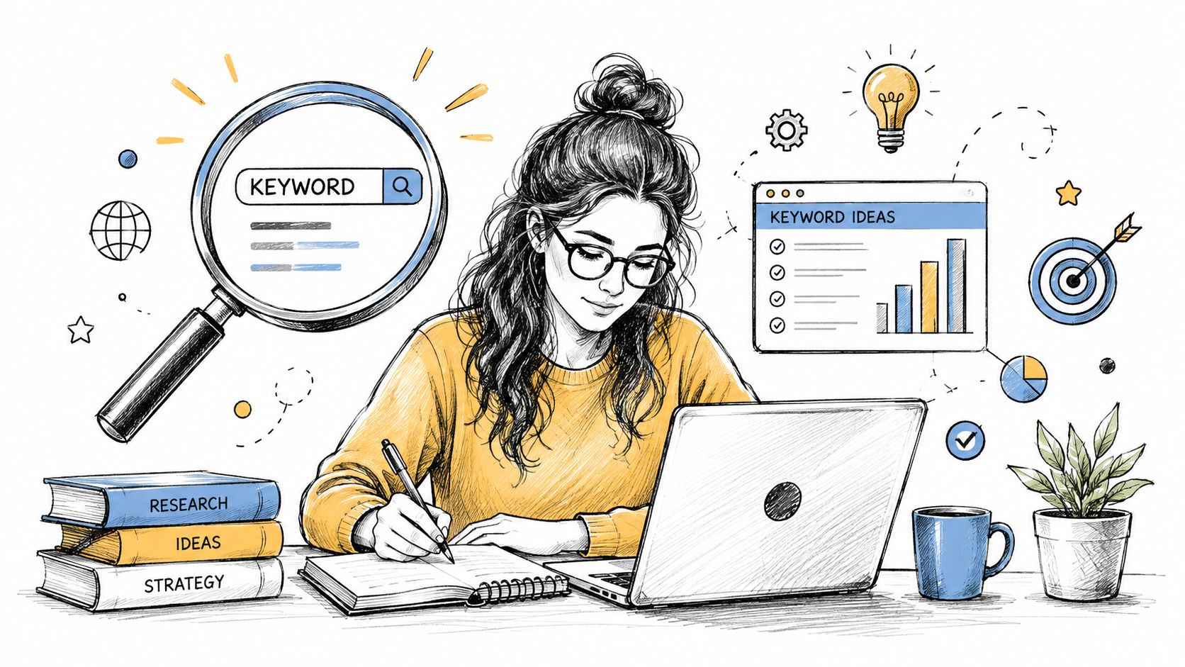 A young woman working on her laptop and taking notes during an SEO keyword research process.