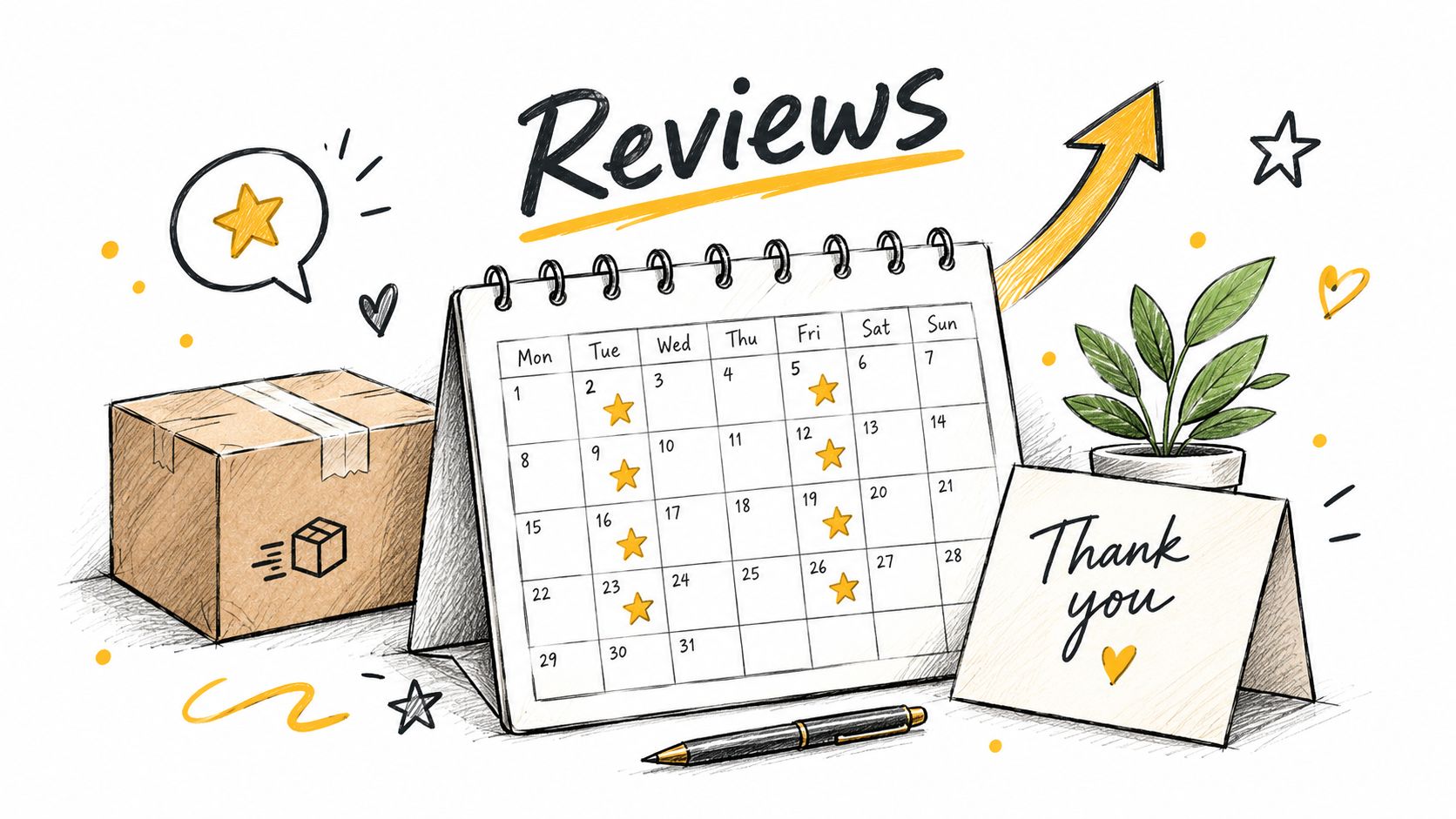A hand-drawn illustration showing a calendar with star ratings, a shipping box, and a thank you note.