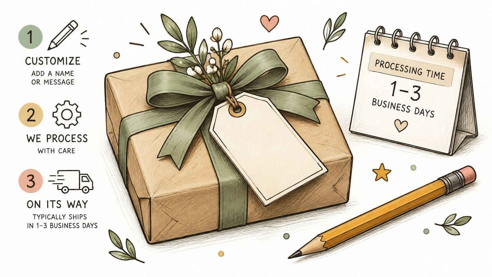 A hand-drawn illustration showing the three-step process for a gift order with a wrapped box, calendar, and pencil.