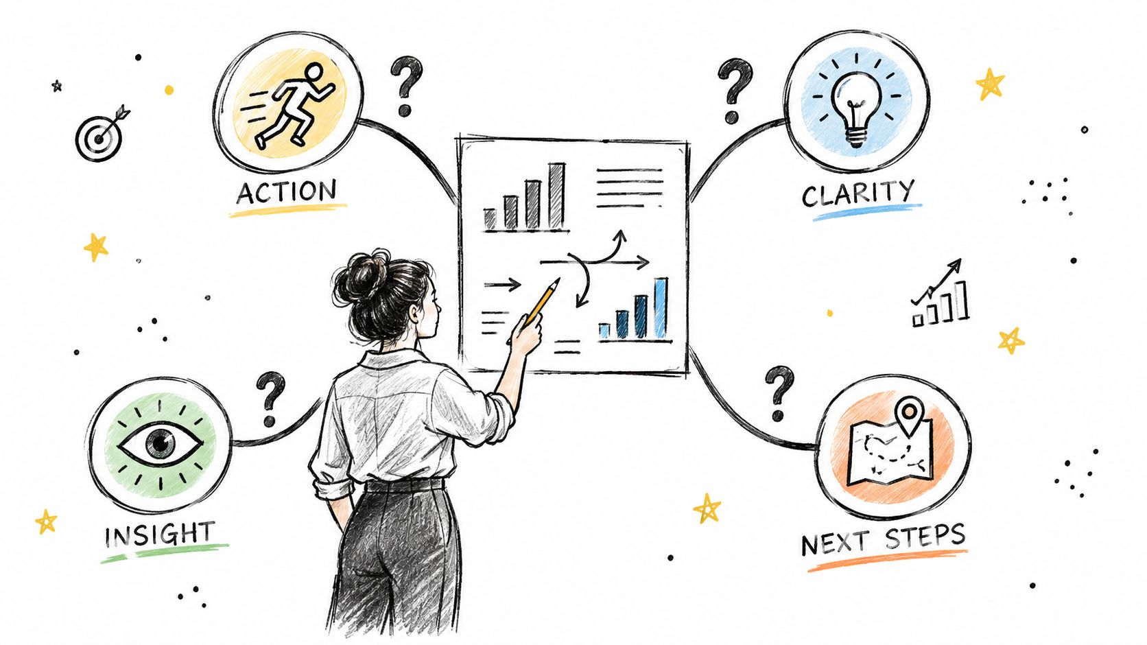 A professional woman points at a whiteboard chart, illustrating progress report concepts like action, clarity, insight, and steps.
