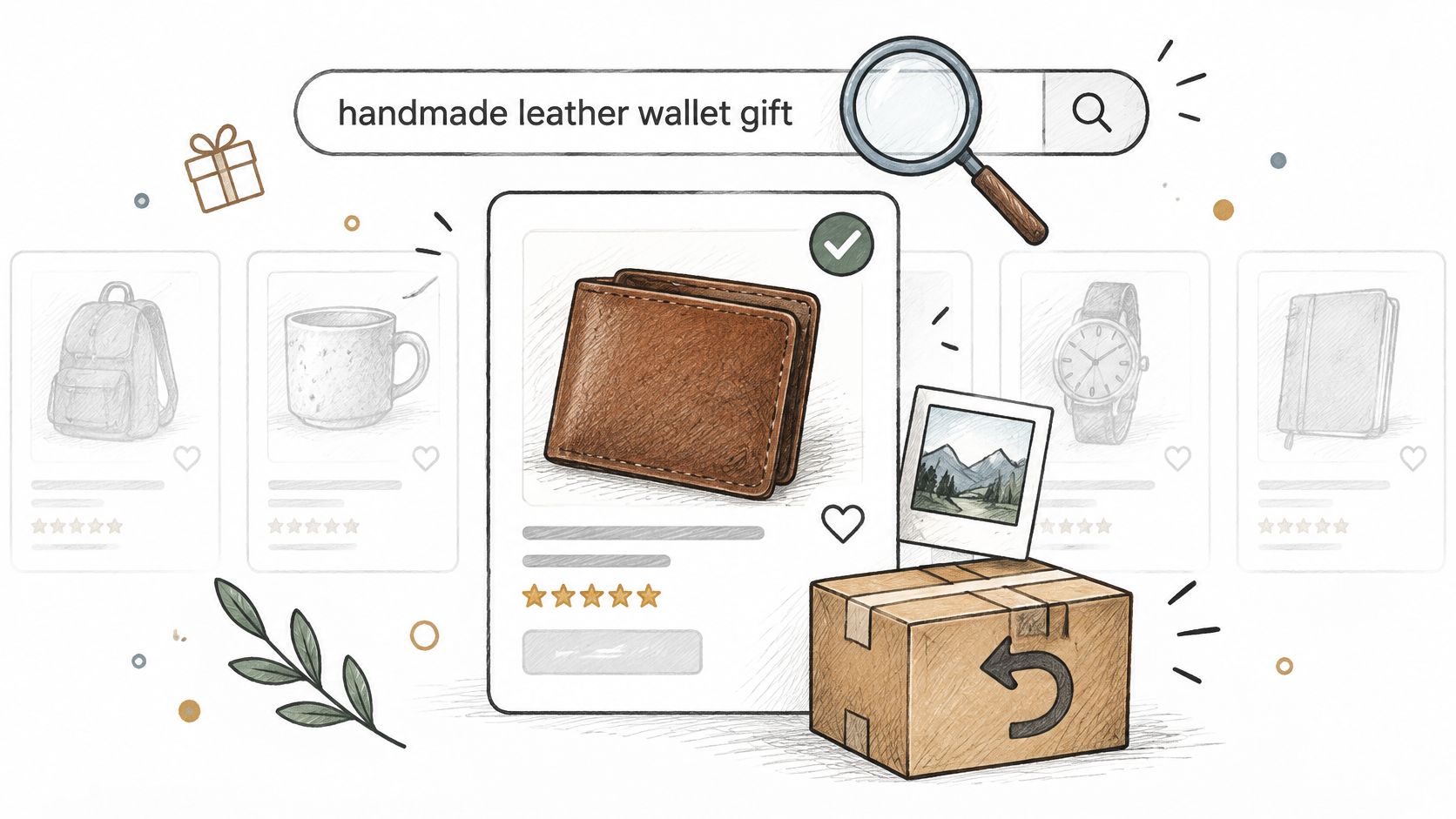 A digital illustration showing an online shopping search interface for a handmade leather wallet gift.