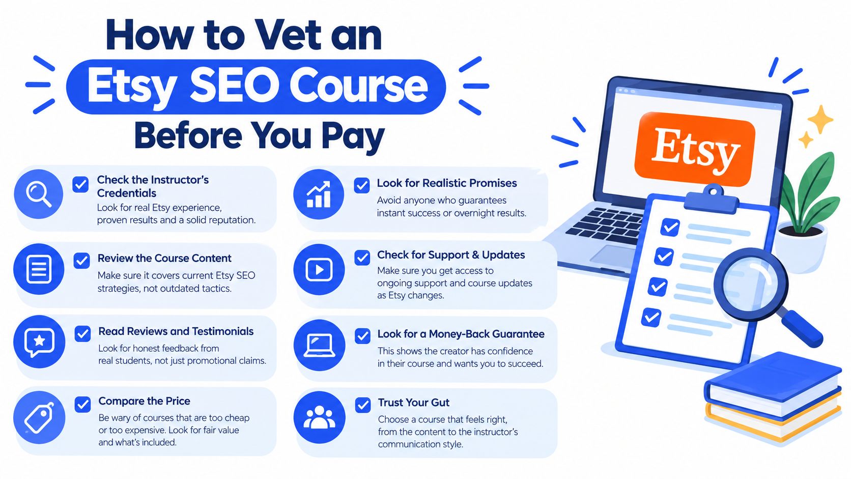 An infographic titled How to Vet an Etsy SEO Course, outlining eight tips for selecting online classes.