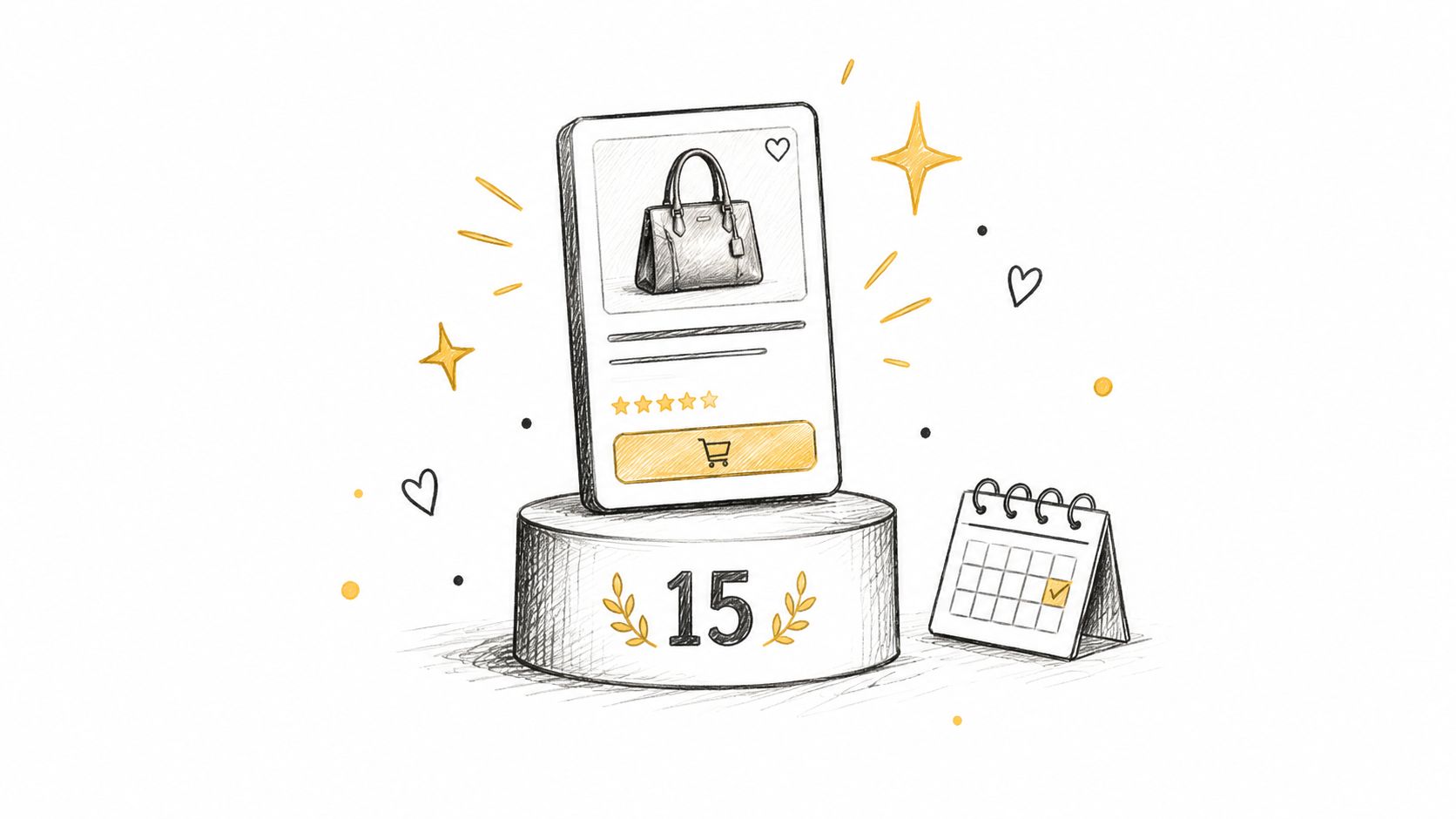 A hand-drawn illustration featuring a shopping app on a pedestal, a calendar, and decorative elements.