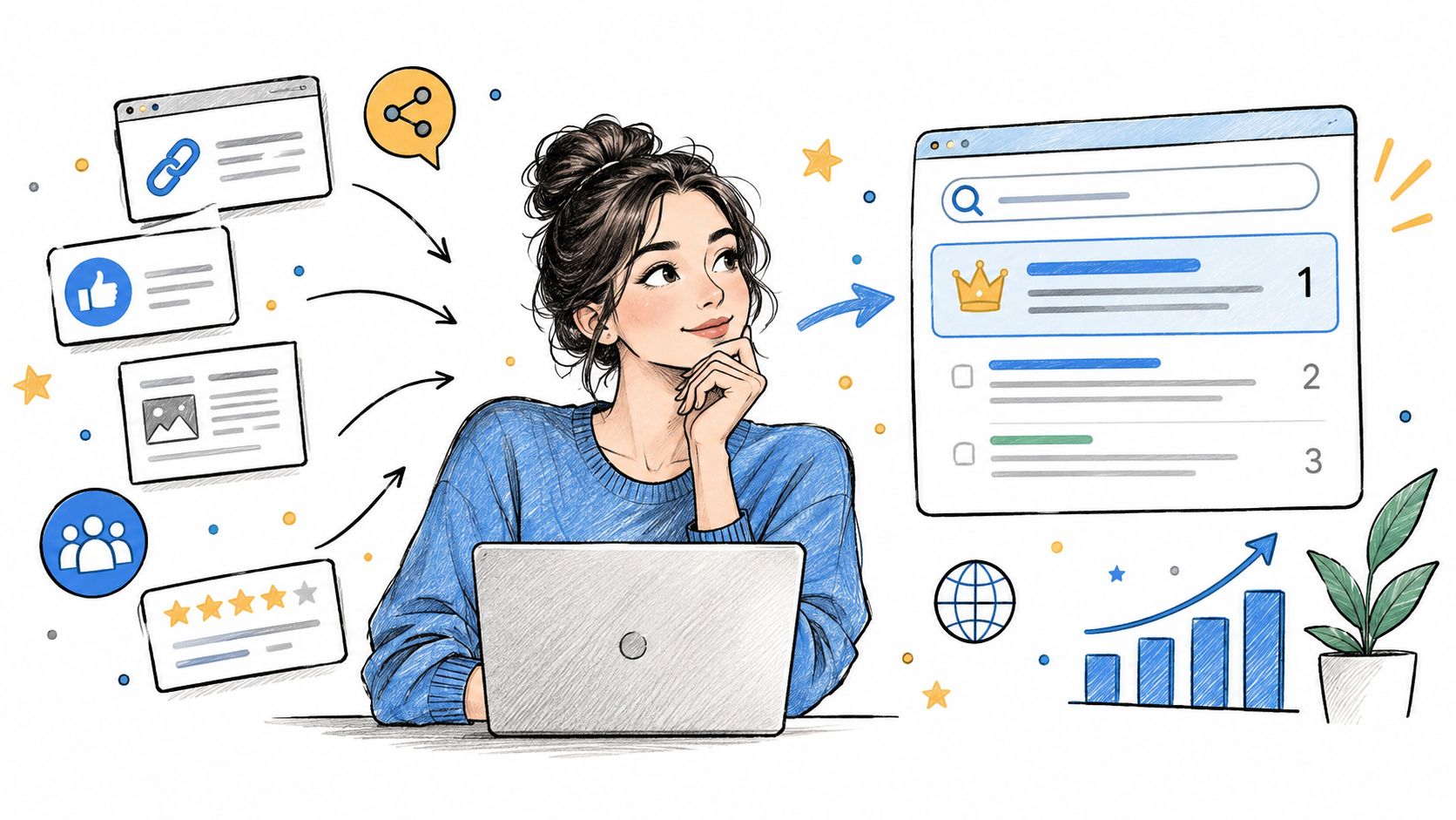 A woman thinking while working on a laptop, with icons representing social media, backlinks, and search rankings.