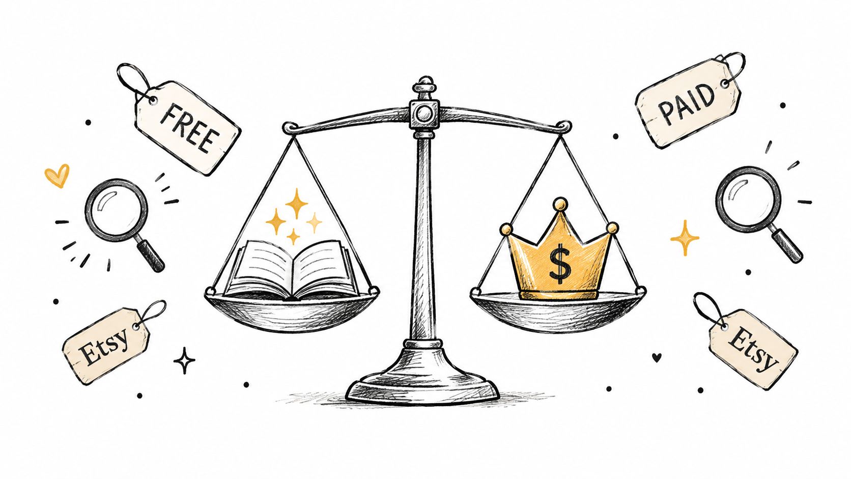 A hand-drawn balance scale comparing a free book and a paid golden crown on Etsy.