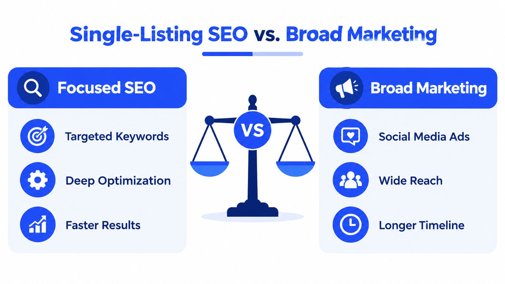 A comparison infographic between focused SEO strategies and broad marketing techniques with their key features.