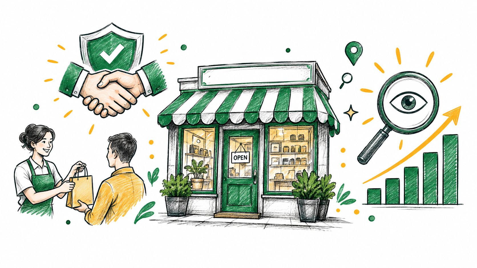 A hand-drawn illustration showing a shop, customer service, a trust handshake, and growing business analytics.