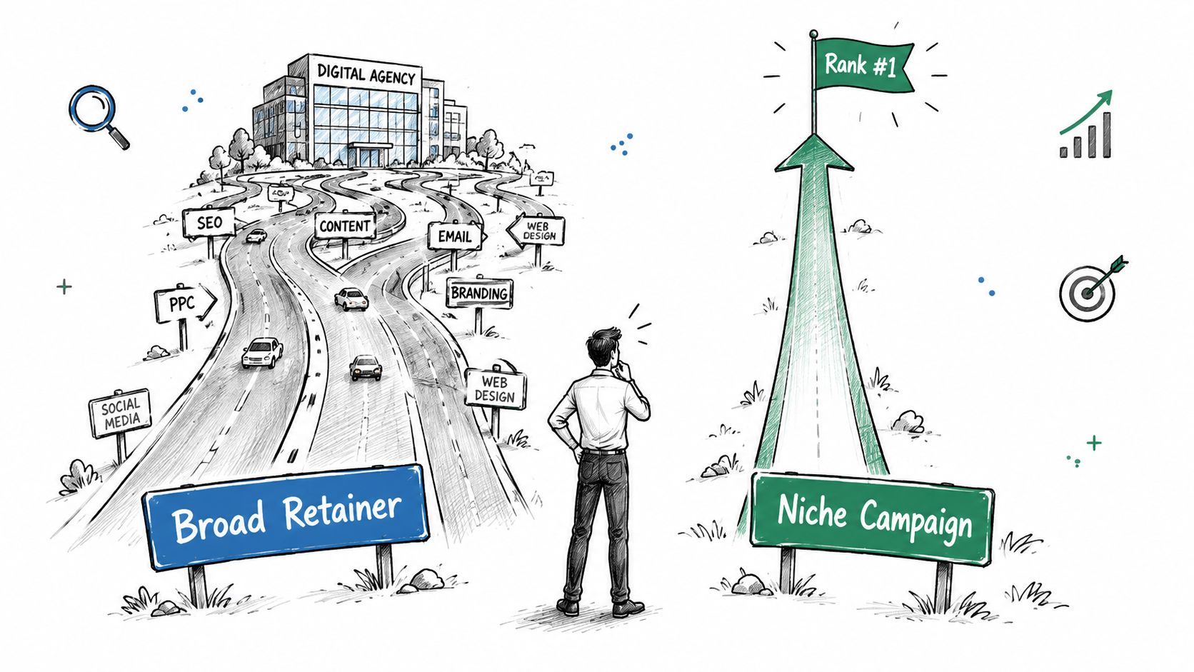A person standing at a fork in the road choosing between a broad retainer and a niche campaign.