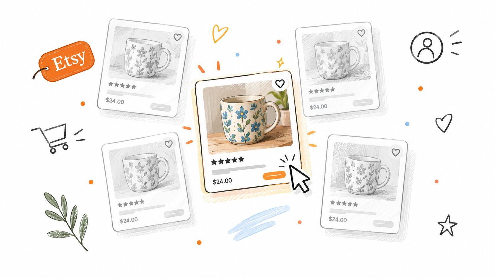 An artistic illustration featuring an Etsy branded tag surrounded by several product card displays of floral mugs.
