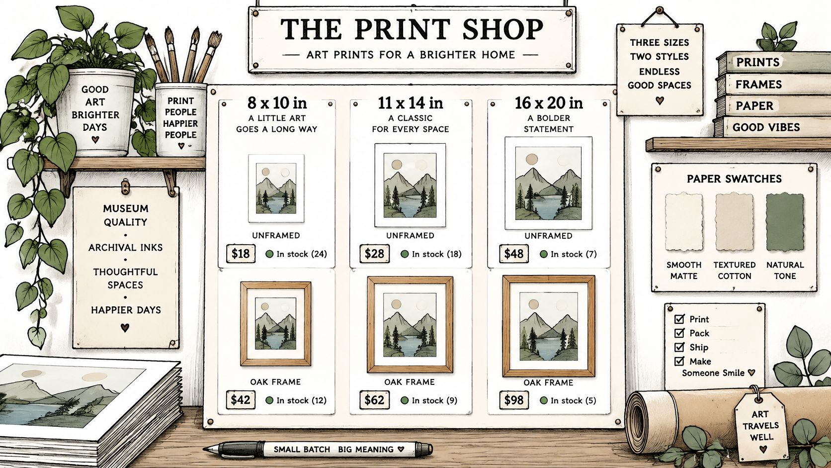 An illustrated shop display menu showing print sizes, framing options, pricing, and stock levels for art.