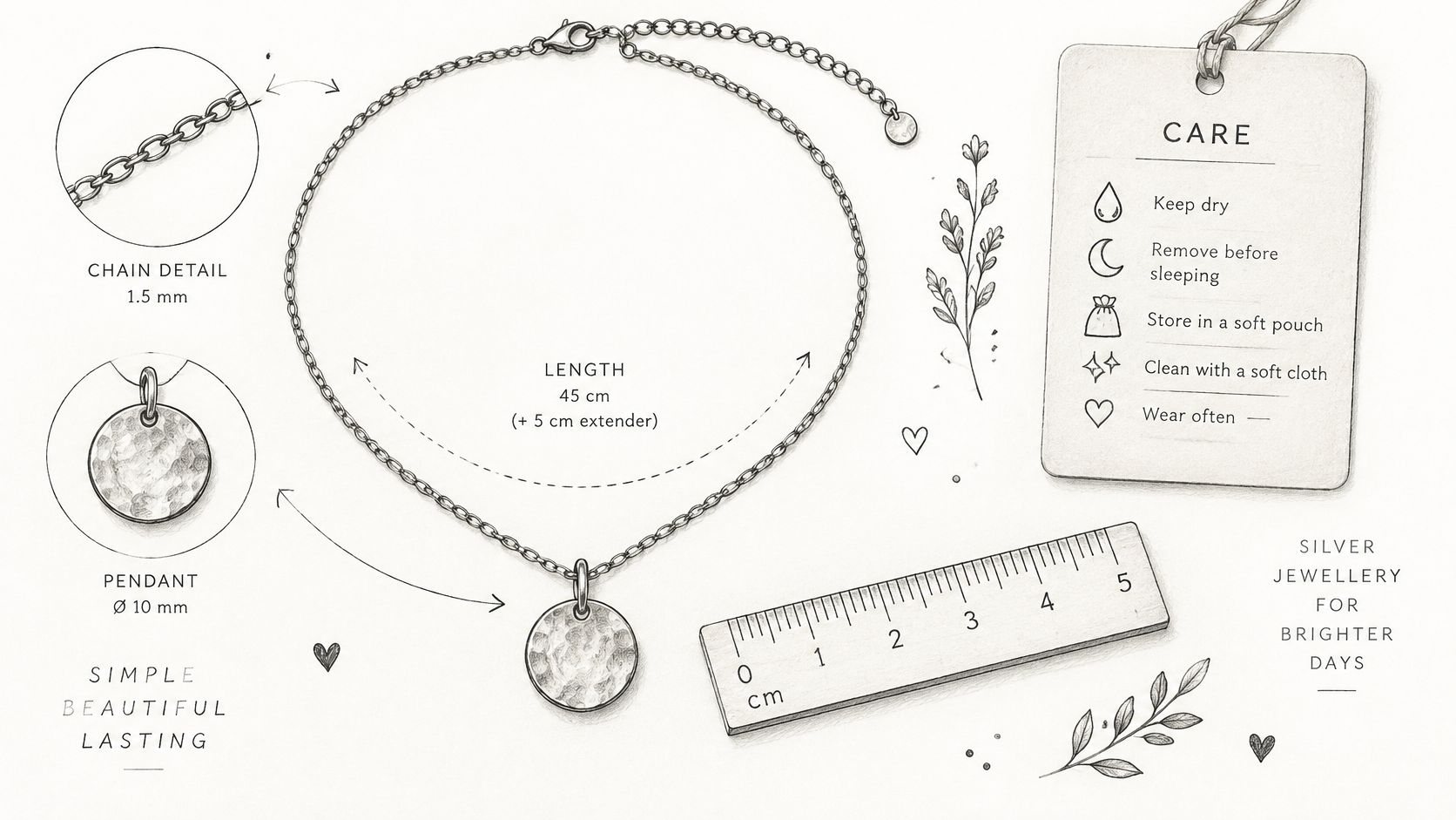 A detailed technical drawing of a silver necklace with a hammered round pendant and ruler for scale.
