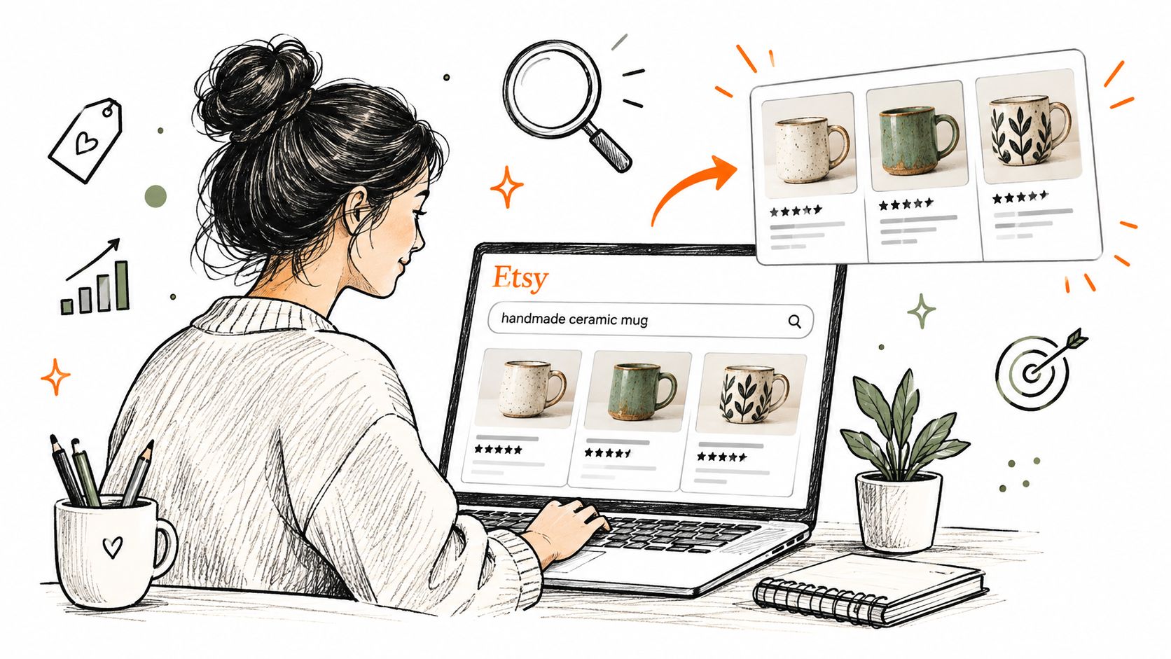 A woman sketching on a laptop searching for handmade ceramic mugs on the Etsy website for SEO.