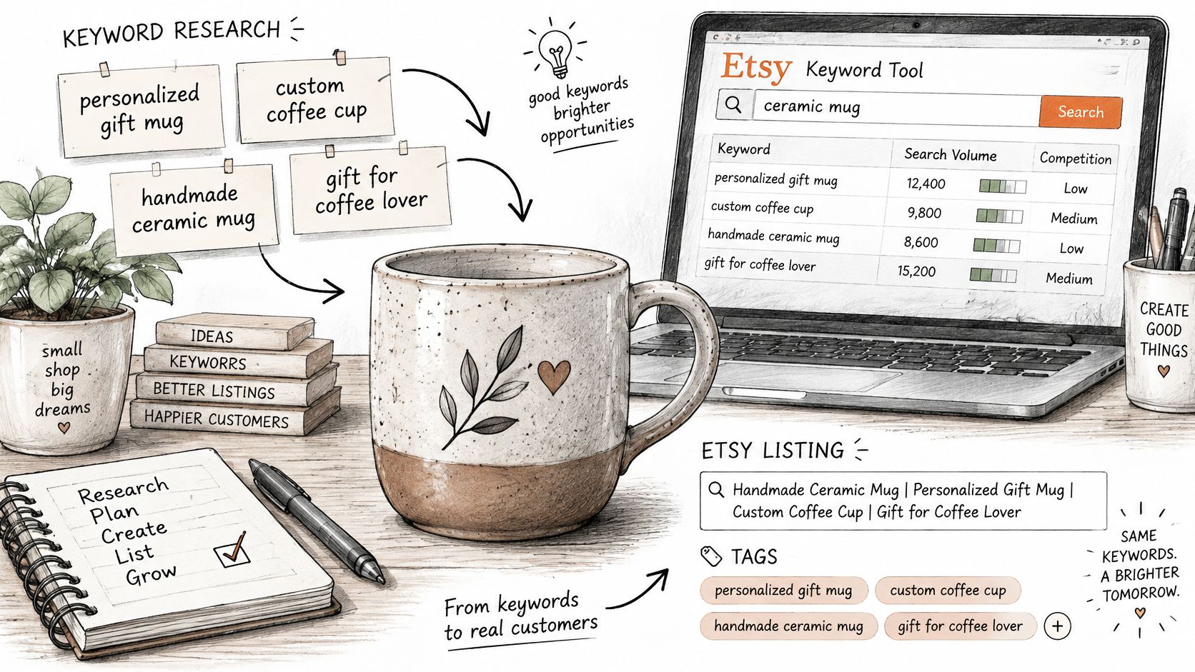 A hand-drawn illustration showing the process of using an Etsy keyword tool to research and optimize product listings.