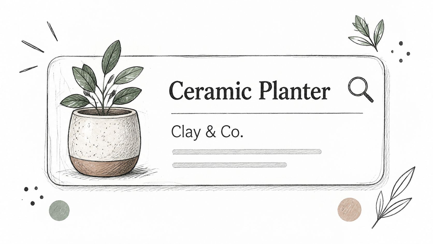 A hand-drawn illustration of a houseplant in a ceramic planter with Clay & Co. branding.
