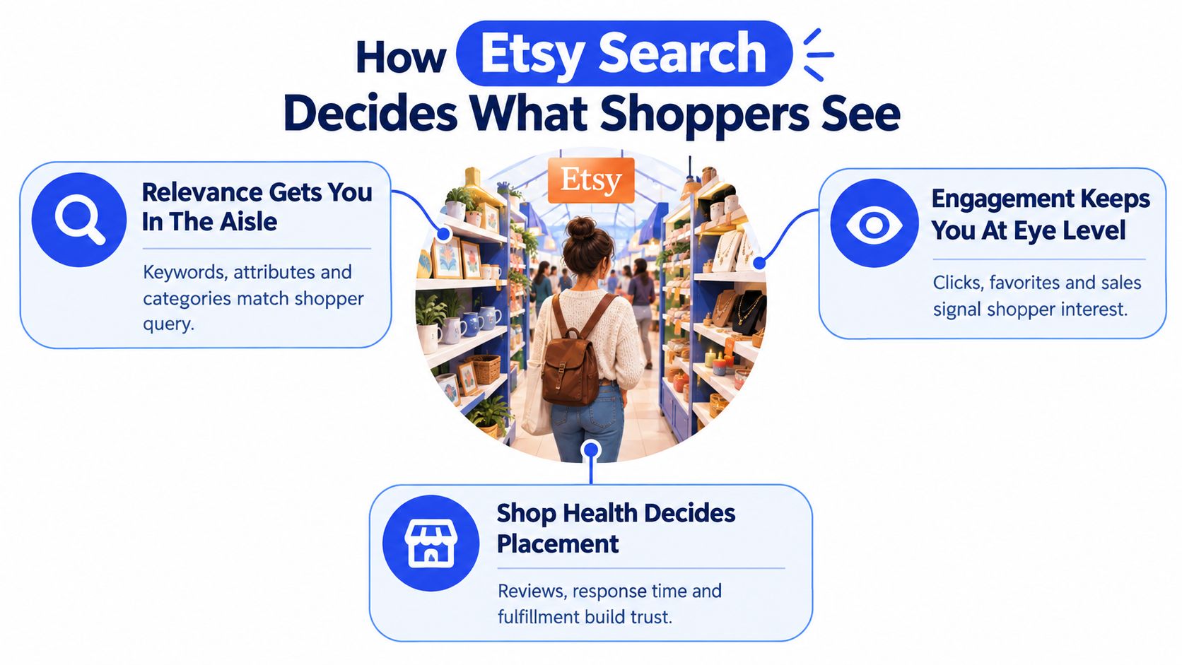 An infographic illustrating how Etsy search algorithms use relevance, engagement, and shop health to rank items.