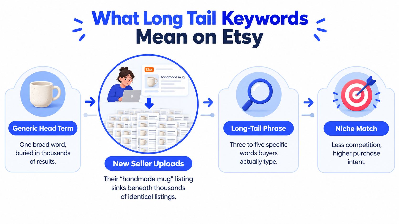 A diagram explaining how long-tail keywords help Etsy sellers move from generic results to niche matches.