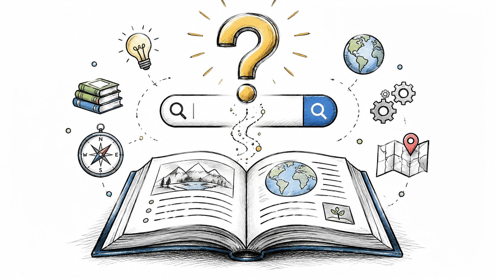 A hand-drawn illustration showing an open book, a search bar, a question mark, and various educational icons.