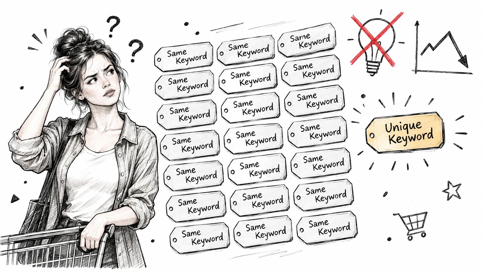A confused shopper looking at repetitive keyword tags, illustrating poor SEO practice with a unique keyword solution.
