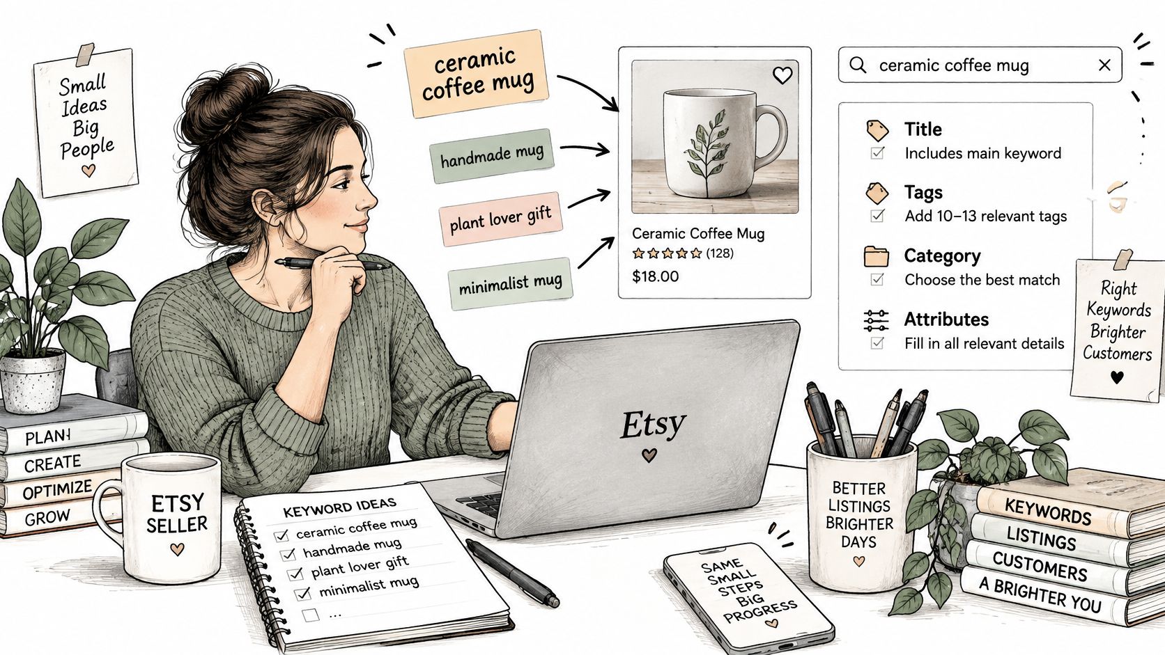 A woman working on an Etsy shop listing while planning keyword strategies for her handmade products.