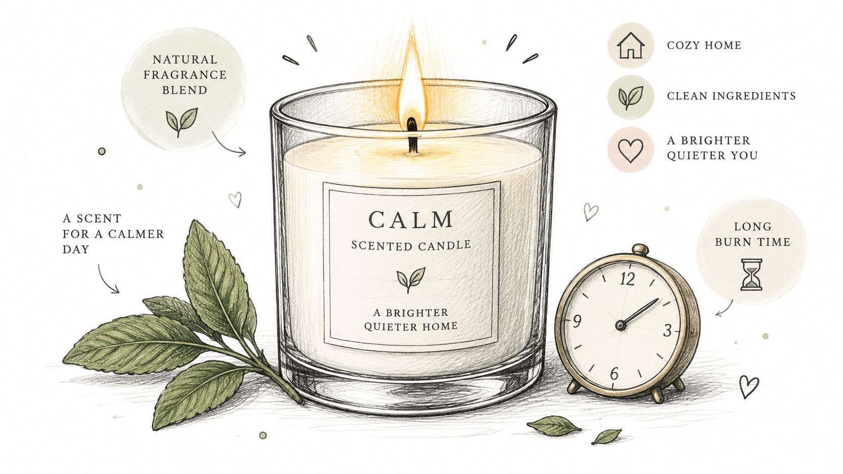 A hand-drawn illustration of a lit scented candle labelled Calm, accompanied by a small clock and leaves.
