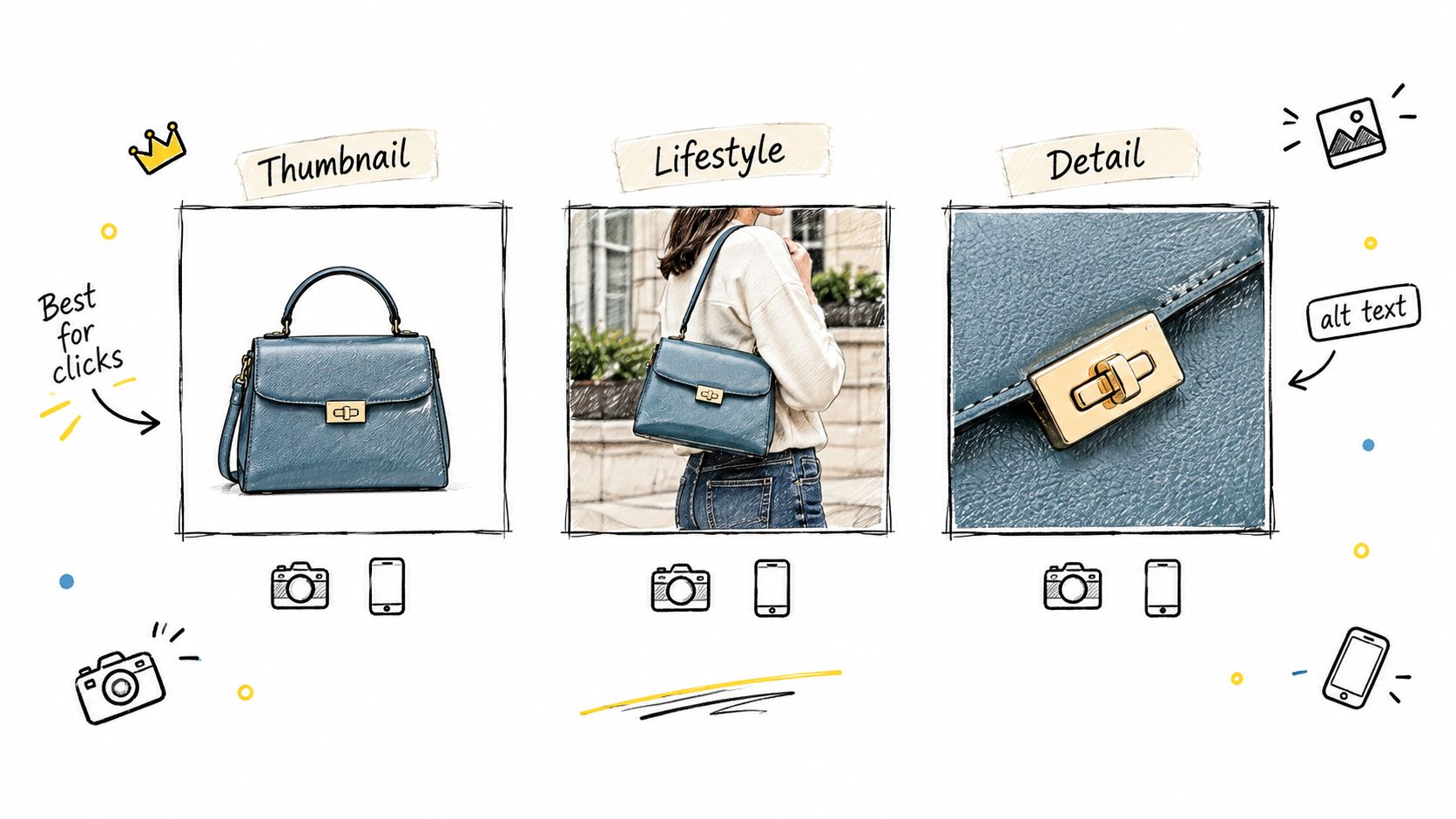 An infographic illustrating three essential types of product photography for Etsy listings: thumbnail, lifestyle, and detail shots.