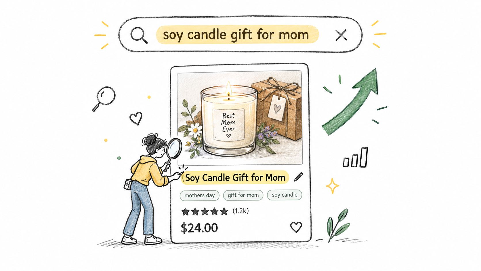 A hand-drawn illustration showing a person using a magnifying glass to research an Etsy candle listing.