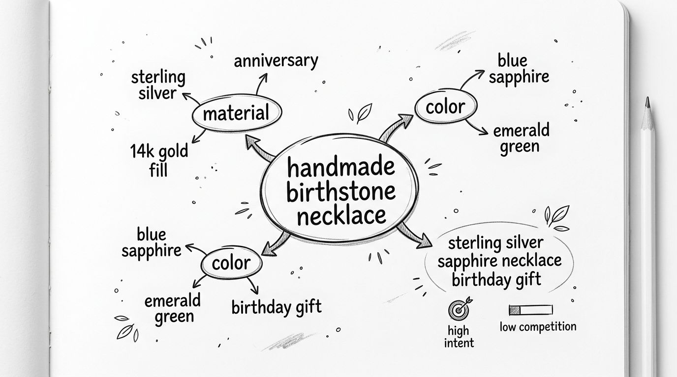 A hand-drawn mind map for handmade birthstone necklace SEO strategy on an open notebook page.