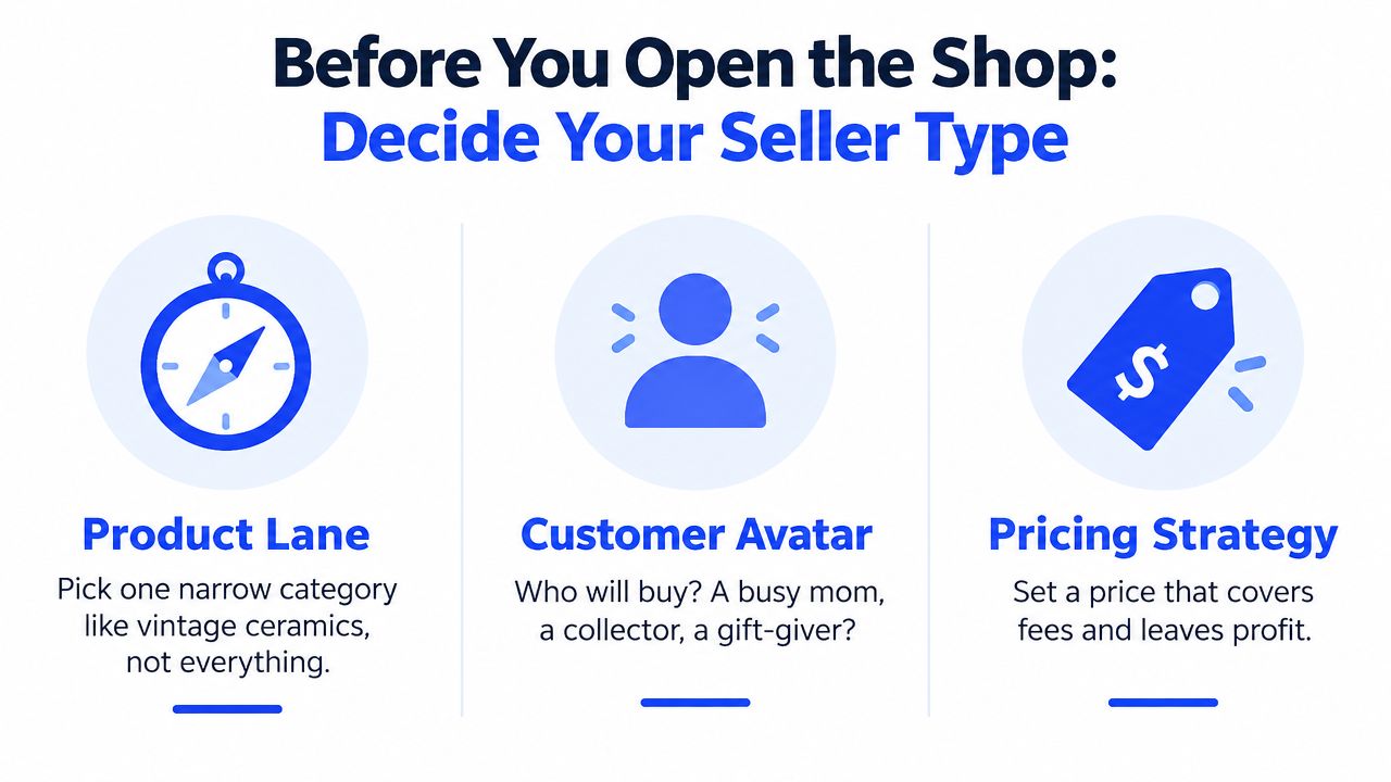 A graphic guiding new sellers on deciding their niche, customer avatar, and pricing strategy before opening a shop.