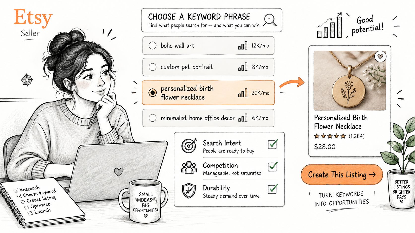 A hand-drawn illustration of an Etsy seller researching keywords and selecting a personalized birth flower necklace.