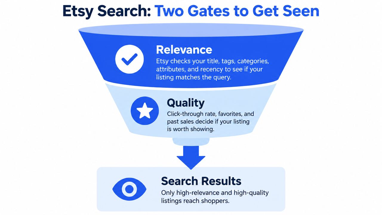 A funnel diagram explaining how Etsy search uses relevance and quality scores to rank product listings.