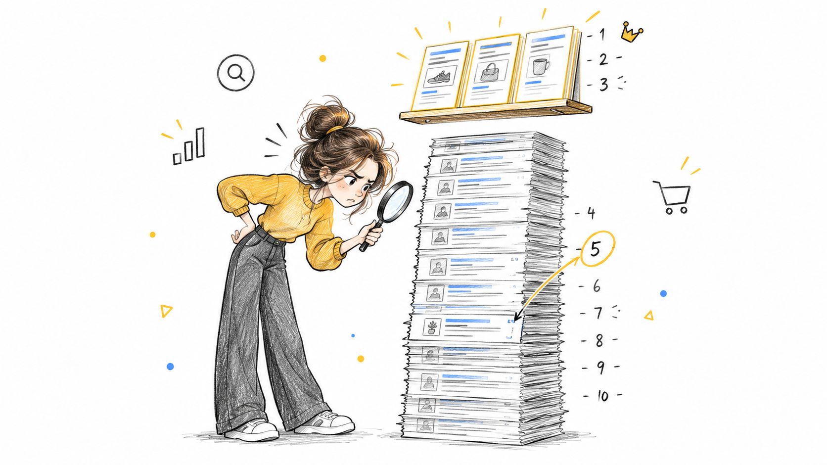 A woman with a magnifying glass examining a large stack of search results on a document list.