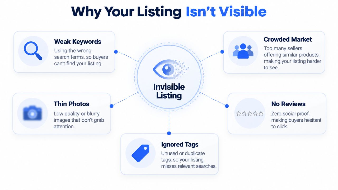 An infographic titled Why Your Listing Isn't Visible, highlighting five key factors affecting e-commerce listing search rankings.