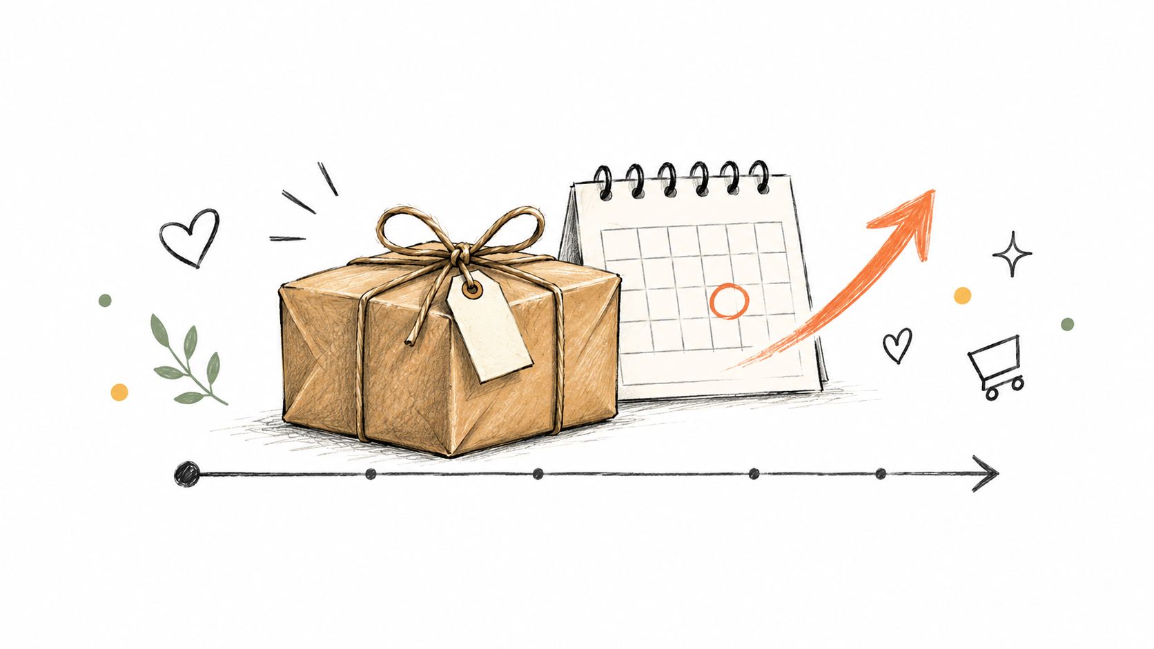 A hand-drawn illustration of a wrapped package and a calendar marking a date, symbolizing shipping progress.