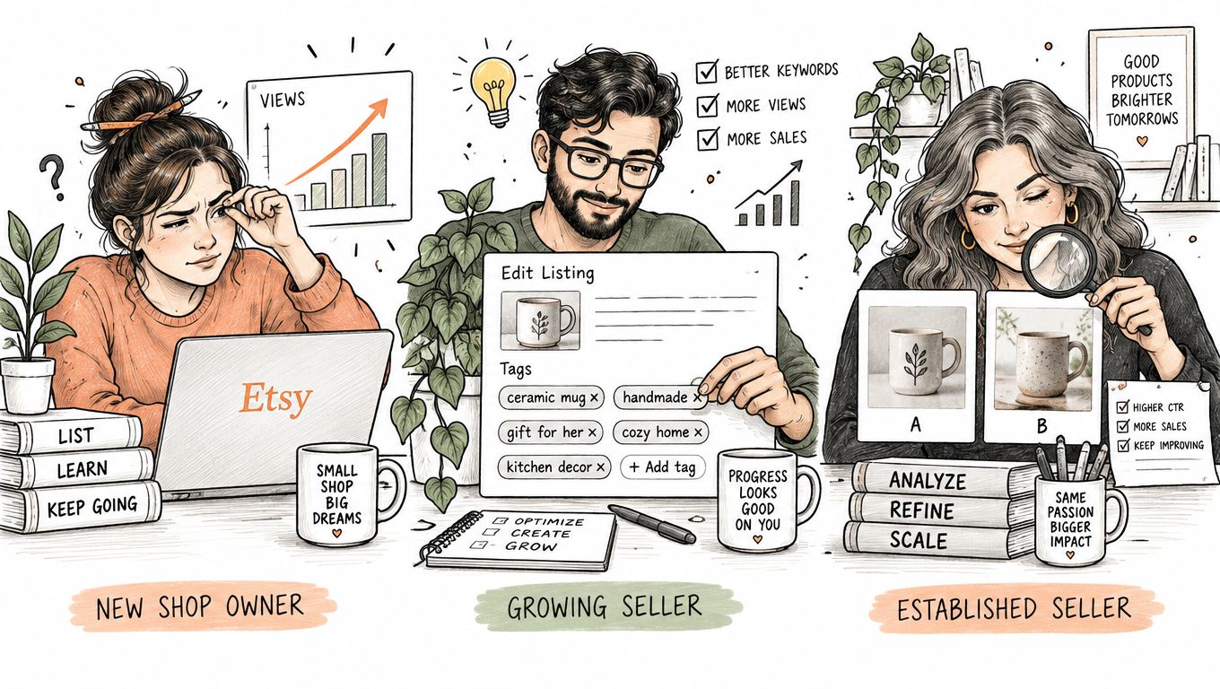 A hand-drawn illustration showing the three stages of an Etsy seller journey: new, growing, and established.