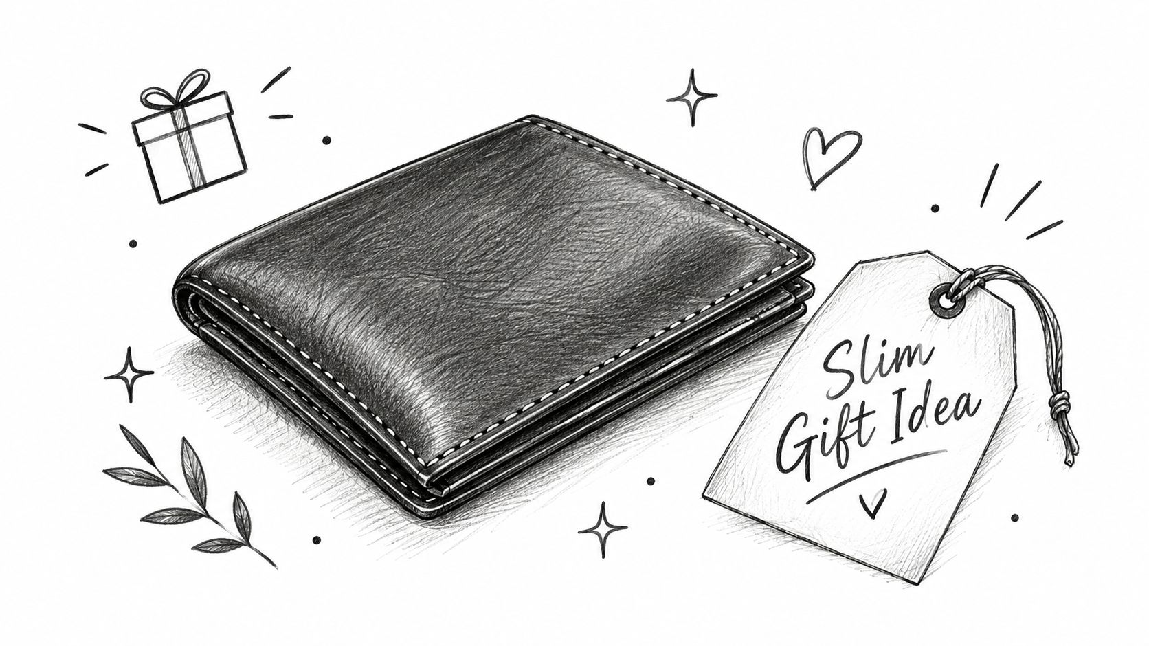 A pencil sketch of a leather wallet with a gift tag attached labeled Slim Gift Idea.