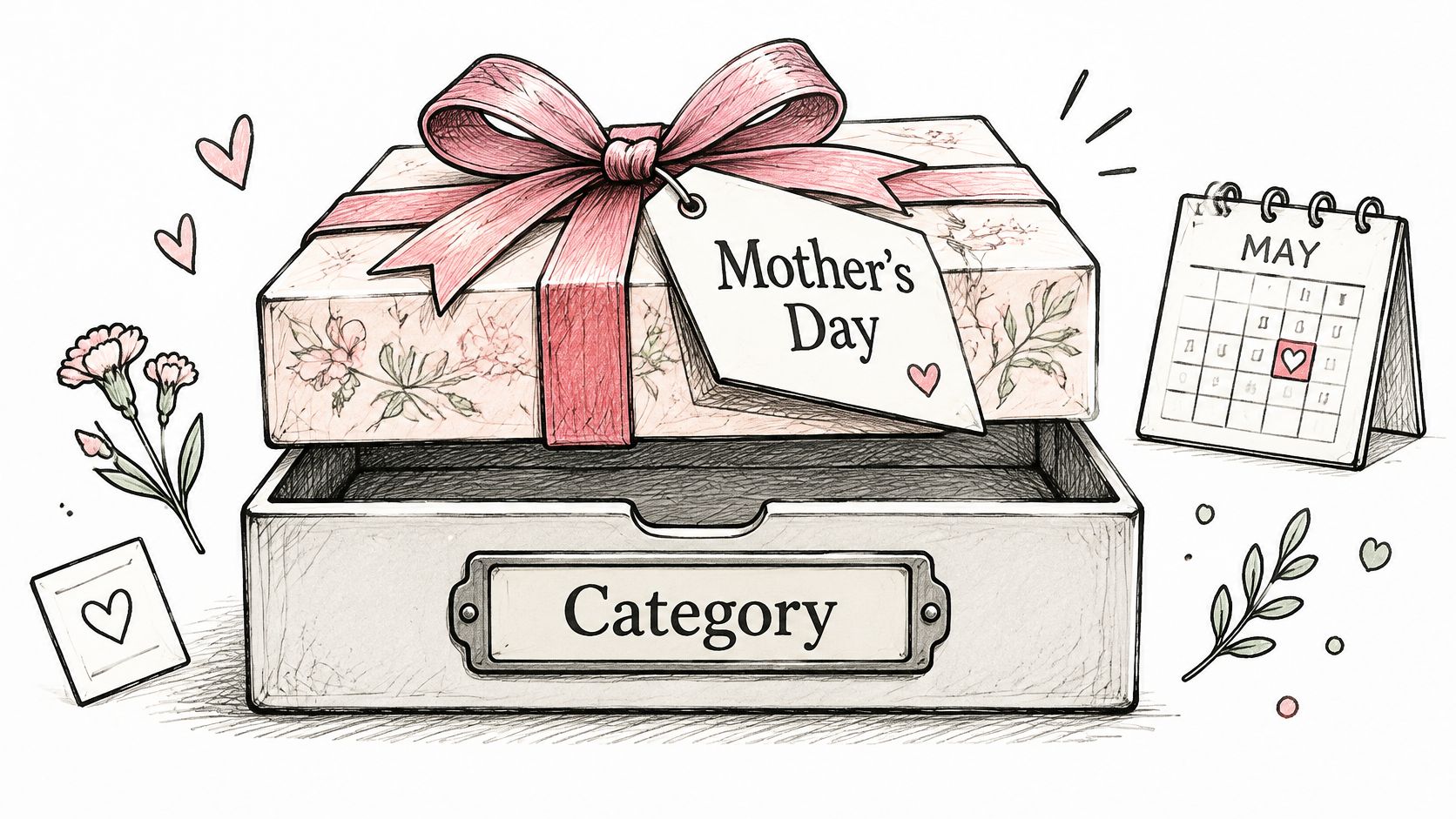 A hand-drawn illustration of a Mother's Day gift box with a category label and a May calendar.
