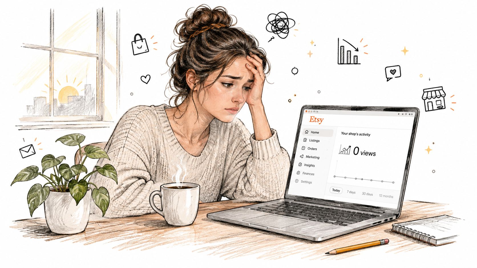 A distressed woman looking at her laptop screen showing zero views on her Etsy shop dashboard.