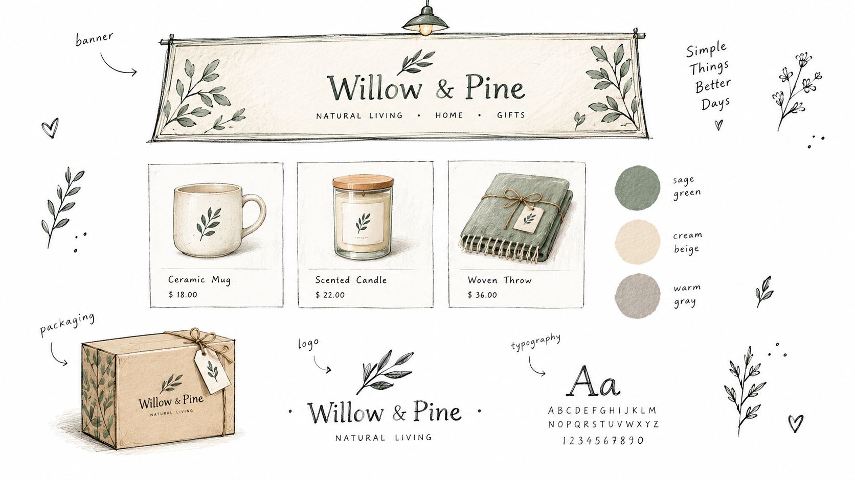 A branding style guide for an Etsy shop featuring a shop banner, product mockups, and typography.