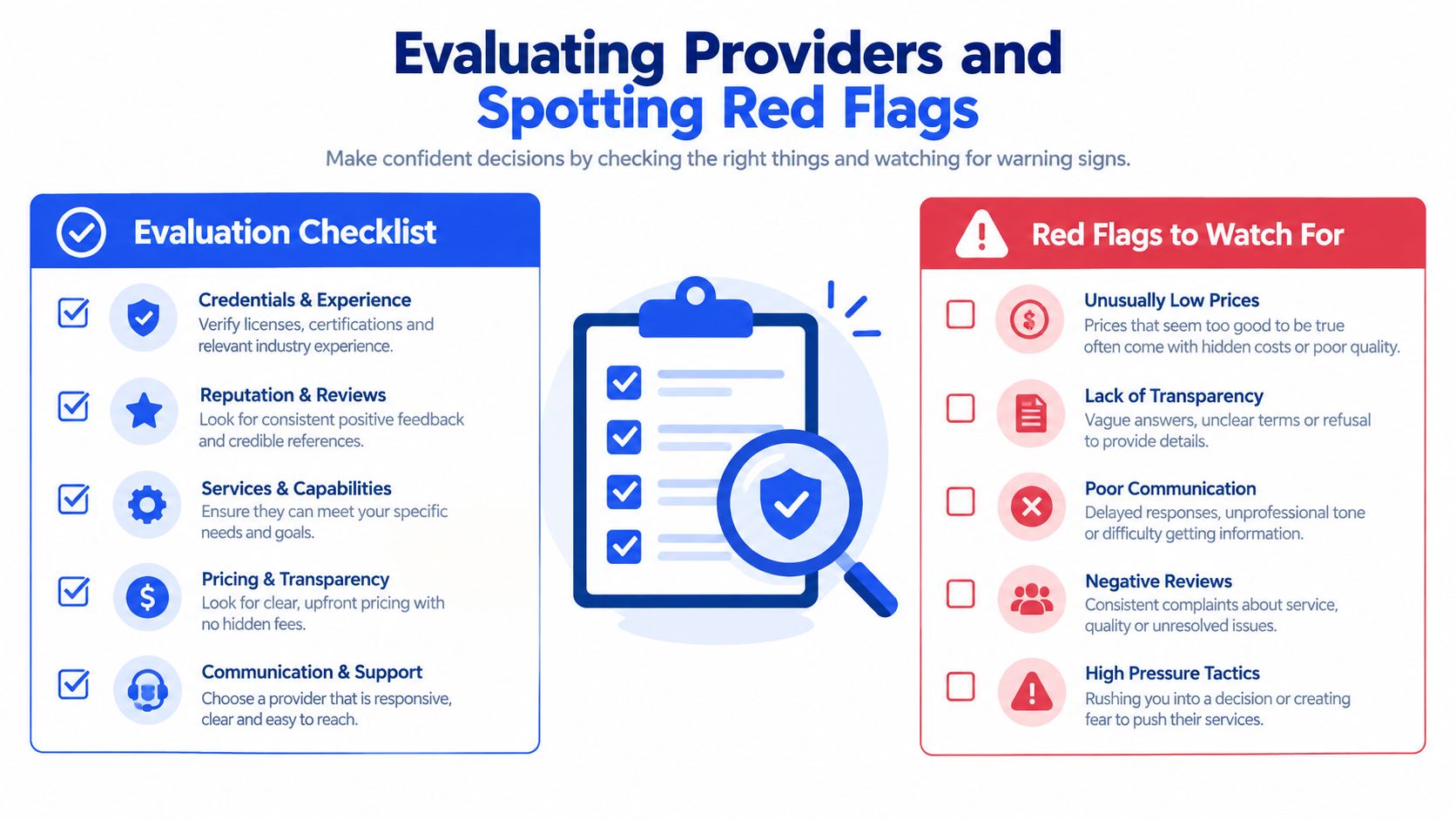 A helpful infographic showing an evaluation checklist and red flags for choosing professional service providers.