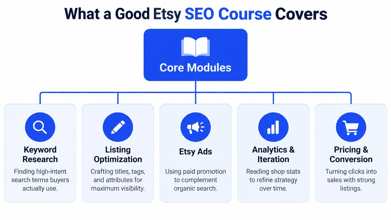 A diagram outlining the five core modules of an effective Etsy SEO course for online shop owners.