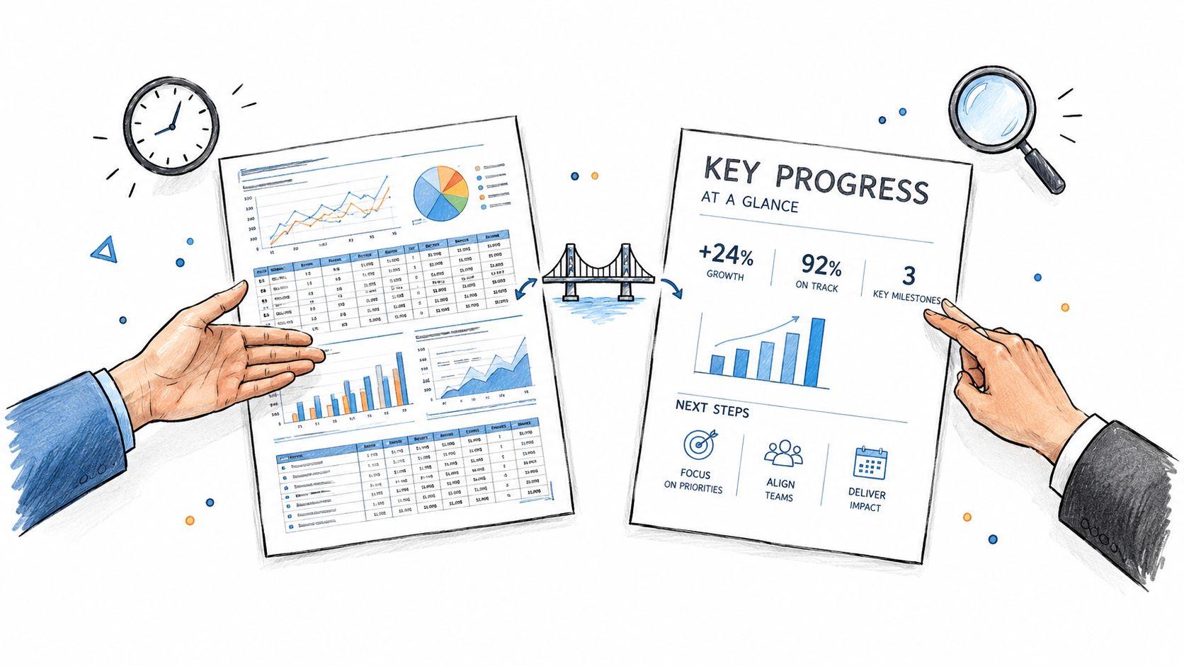 Two hands gesture towards two different business documents displaying progress charts and strategic planning goals.